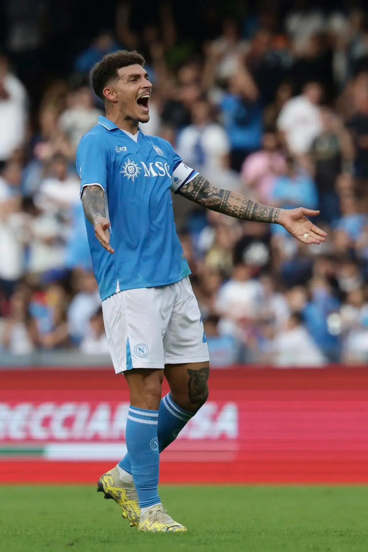 Napoli’s Giovanni Di Lorenzo celebrates after scoring the only goal against Lecce