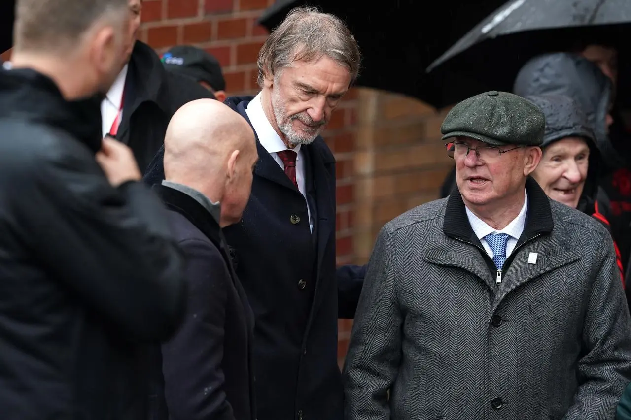 Sir Jim Ratcliffe, centre, and Sir Alex Ferguson, right, pictured at a Munich Air Disaster Memorial