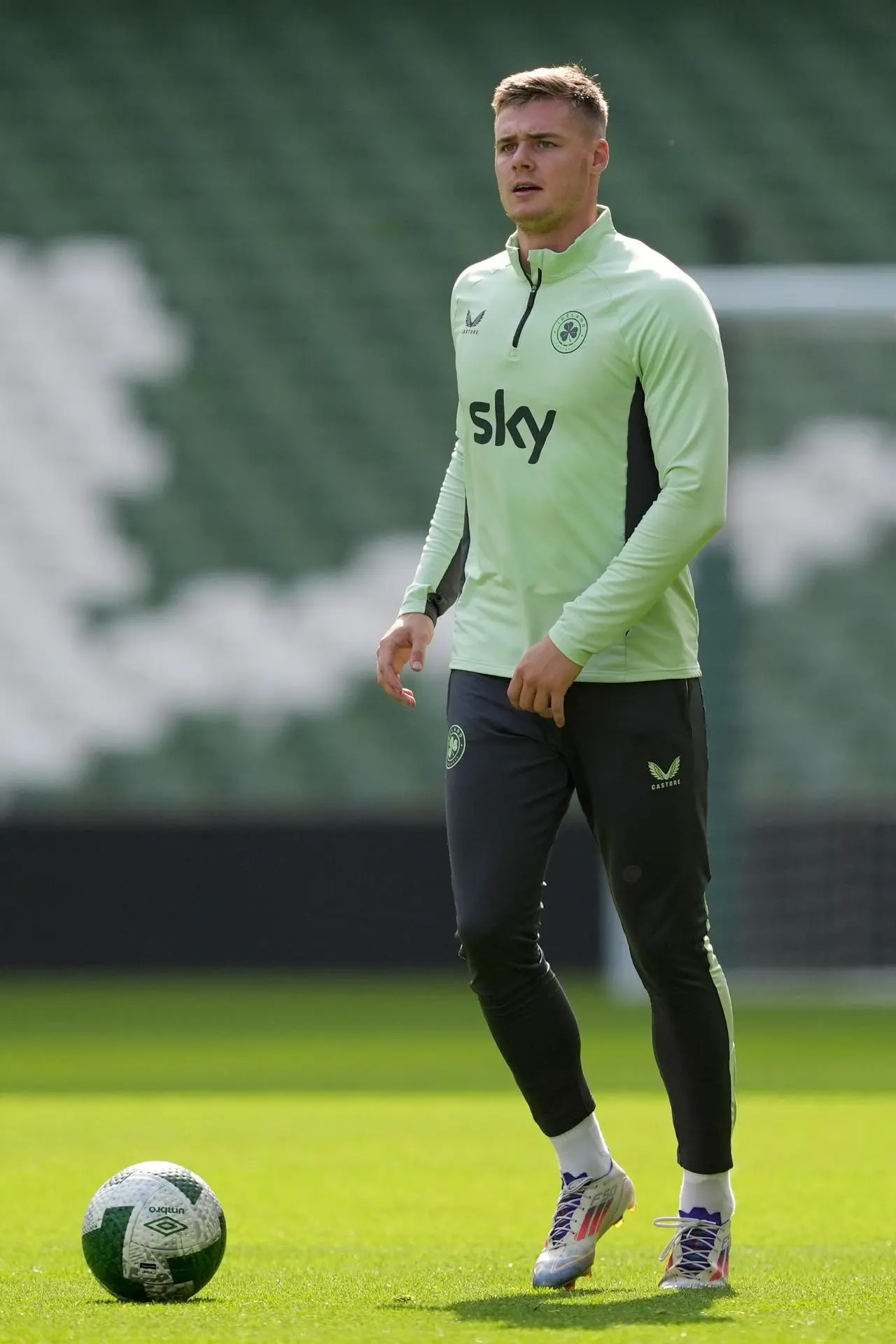 Republic of Ireland striker Evan Ferguson during a training session at the Aviva Stadium