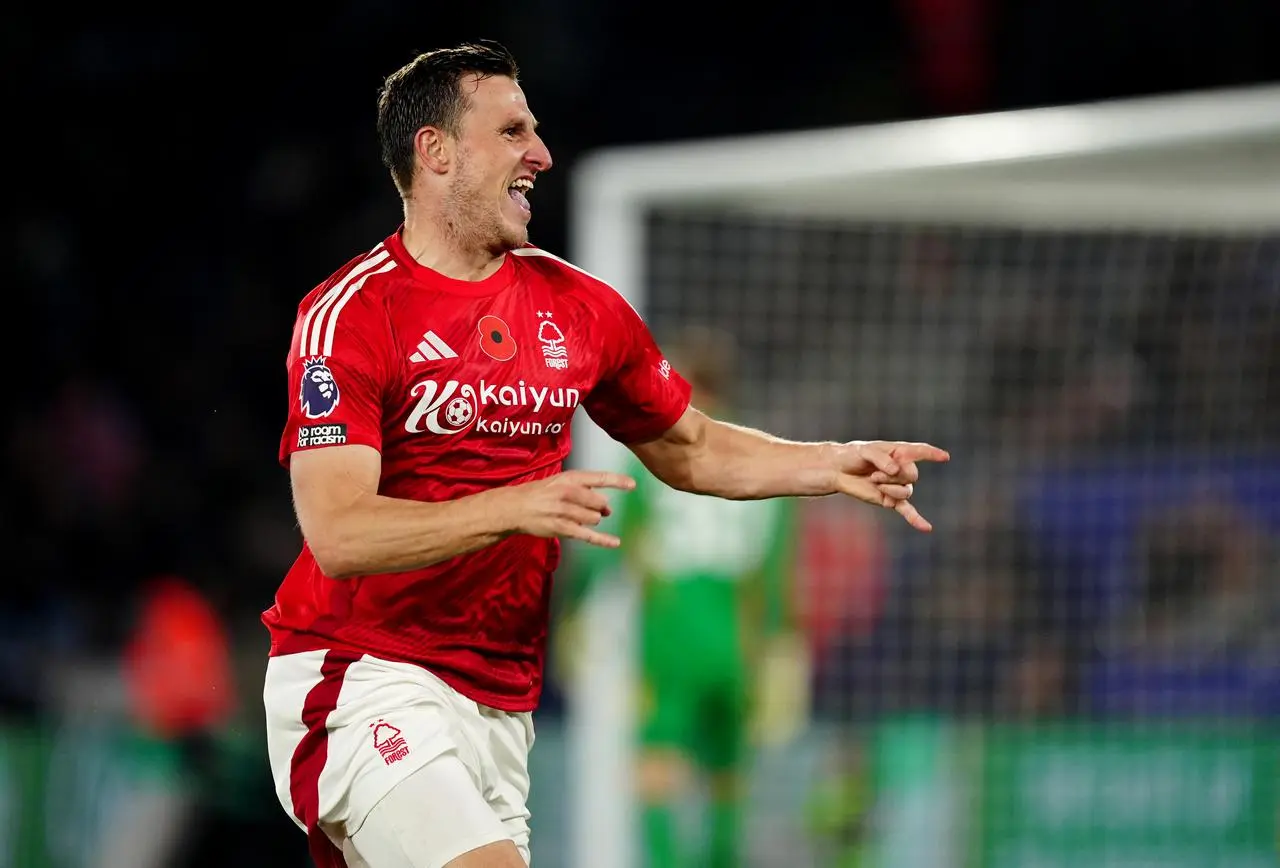 Chris Wood celebrates his second goal against Leicester