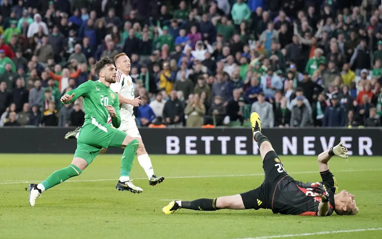 Republic of Ireland’s Troy Parrott scores their side’s second goal against Hungary