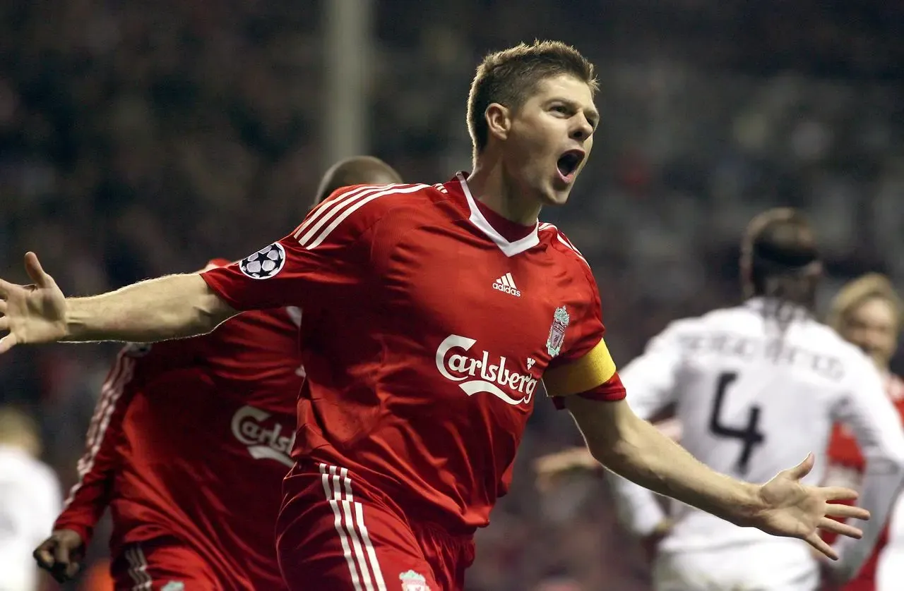 Liverpool’s Steven Gerrard celebrates scoring against Real Madrid in 2009