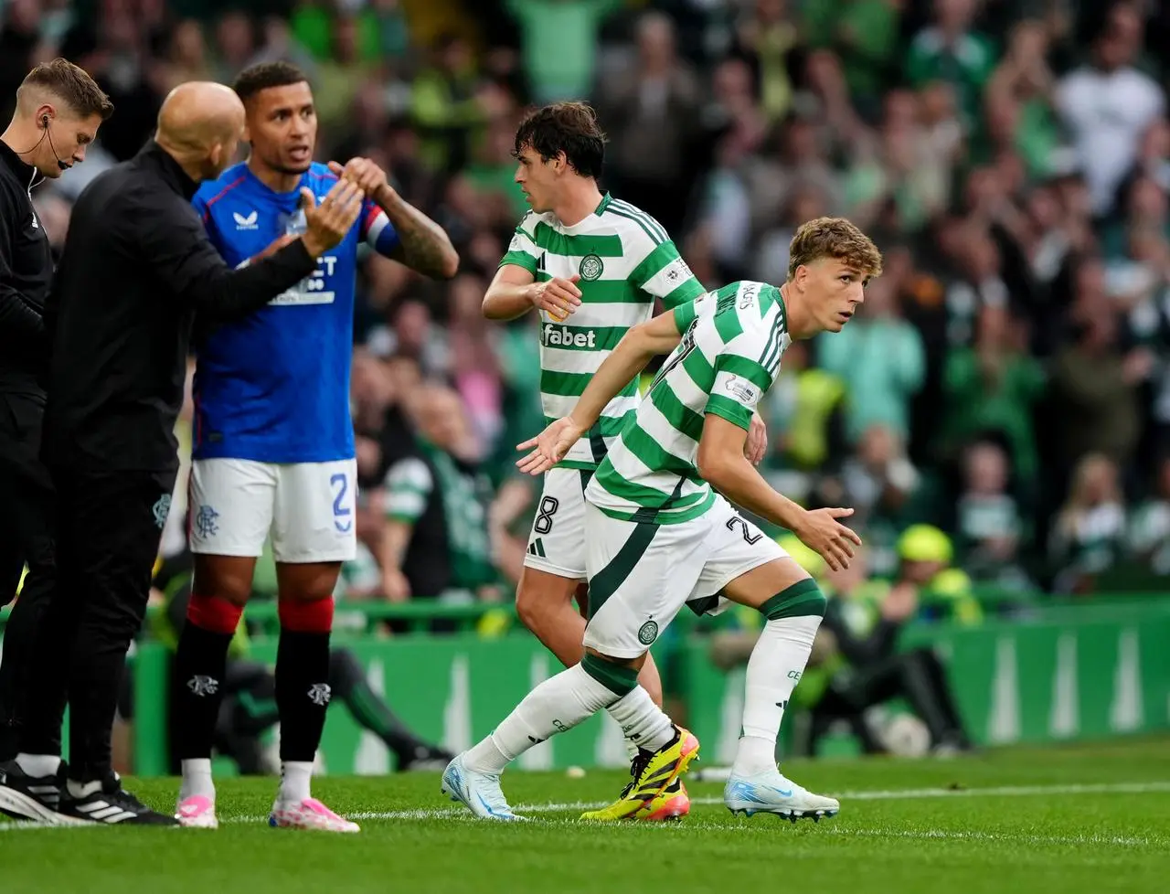 Celtic’s Arne Engels (right) is bought on as a substitute for Paulo Bernardo