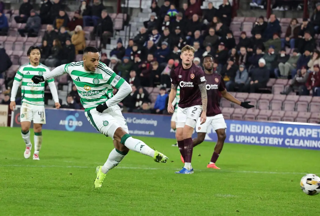 Adam Idah scores Celtic’s third goal against Hearts