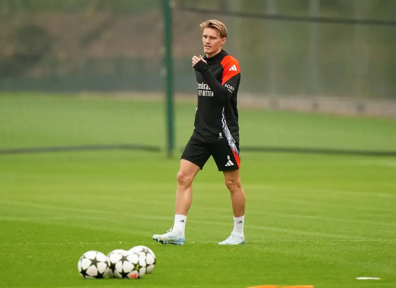 Martin Odegaard looks on during an Arsenal training session