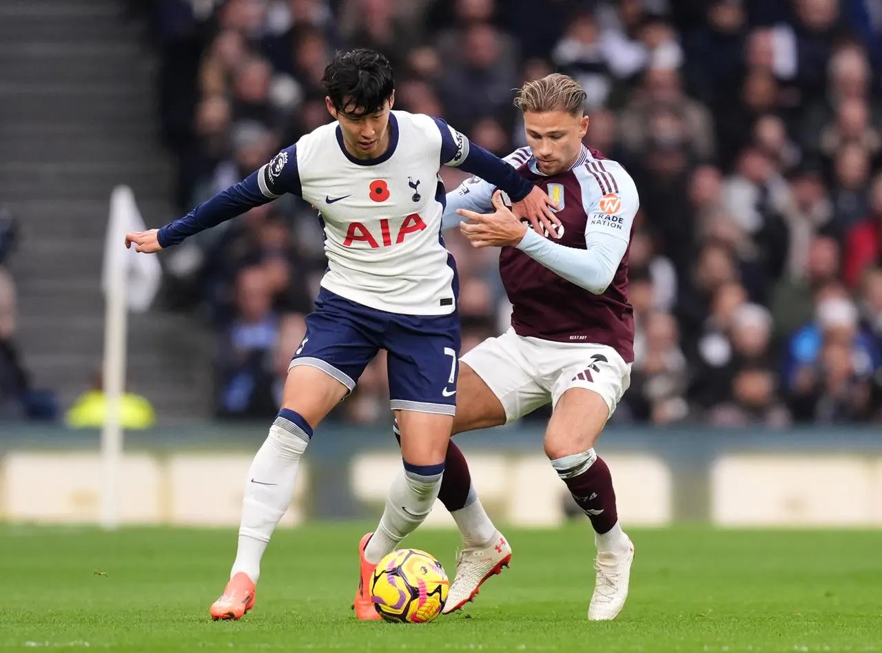 Tottenham Hotspur’s Son Heung-Min (left) and Aston Villa’s Matty Cash battle for the ball 