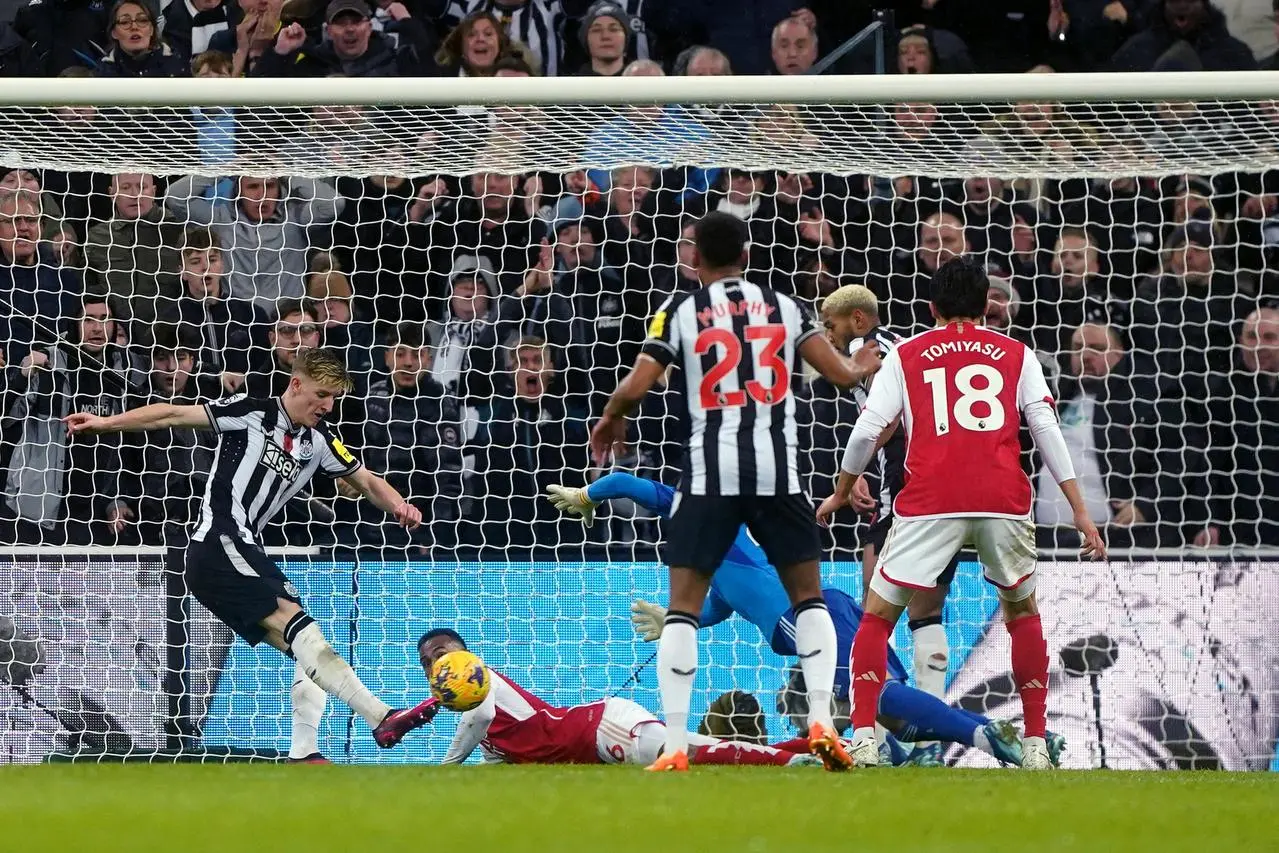 Newcastle's Anthony Gordon scores the only goal in last season's Premier League clash with Arsenal at St James' Park