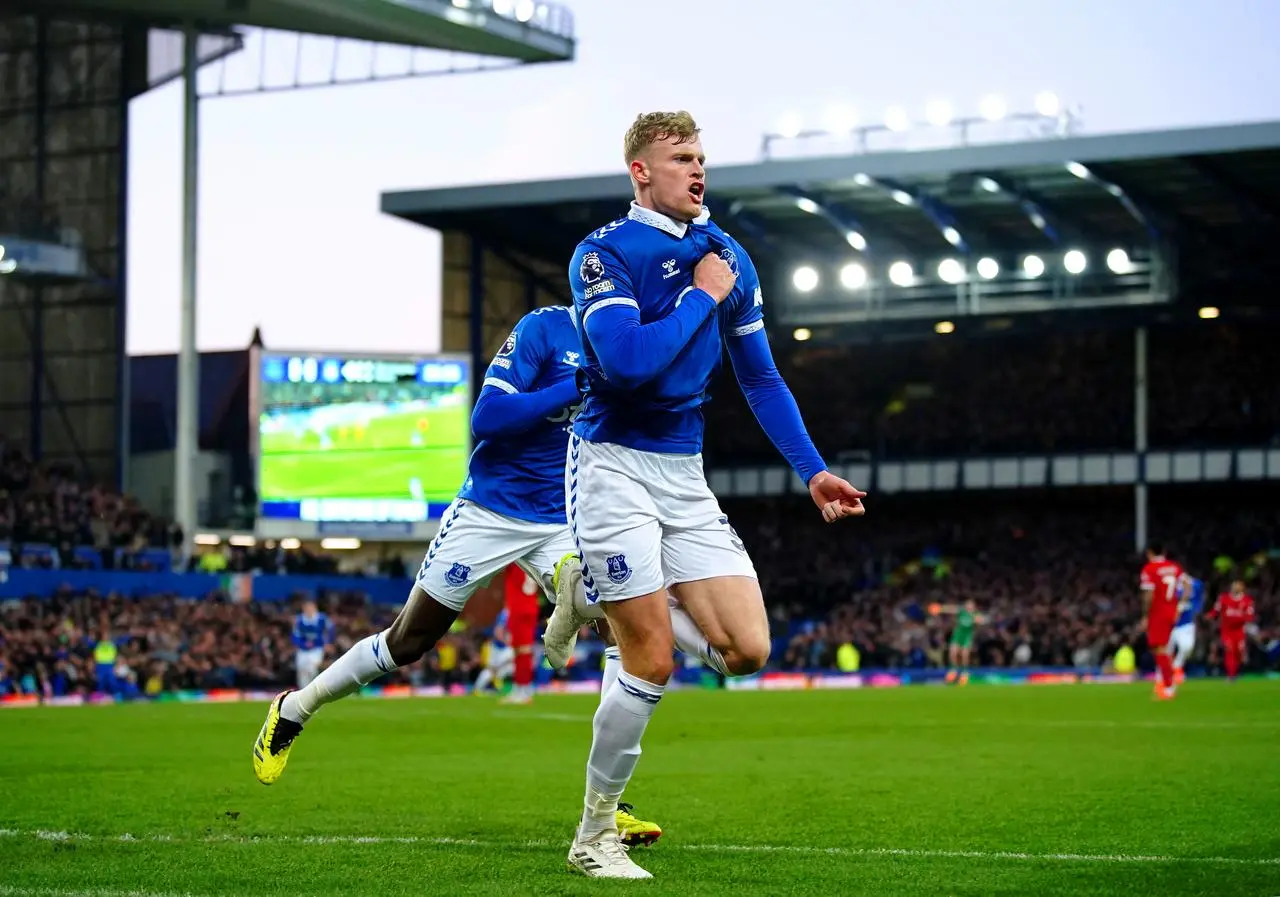 Everton’s Jarrad Branthwaite celebrates by beating his chest