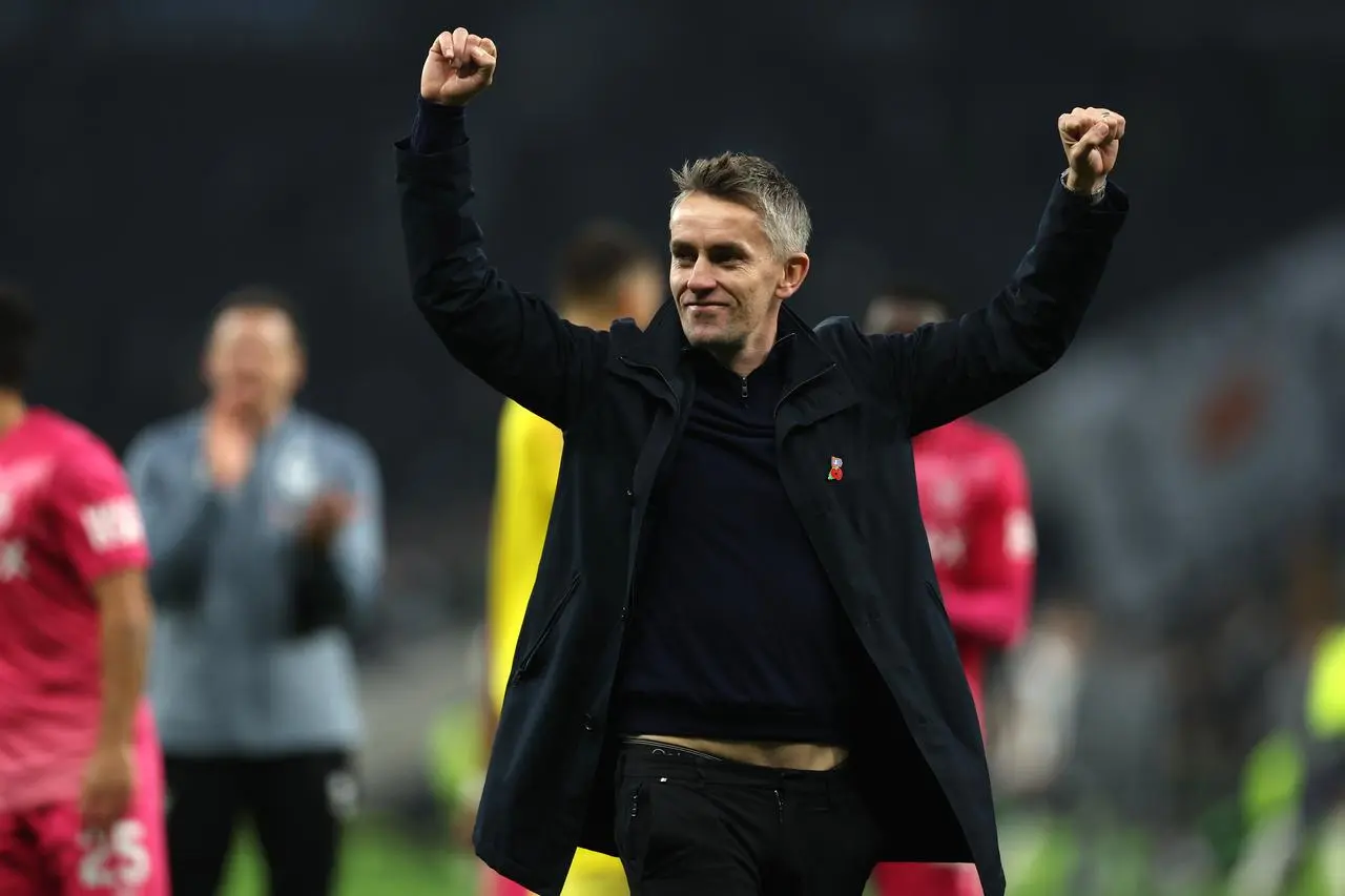 Ipswich manager Kieran McKenna celebrates victory after the final whistle