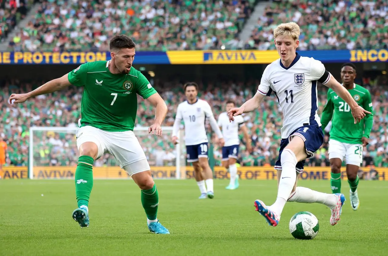  England’s Anthony Gordon looks to take on Republic of Ireland defender Matt Doherty