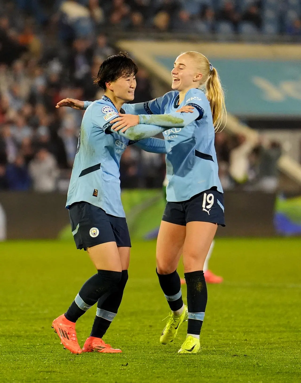 Manchester City’s Aoba Fujino (left) celebrates scoring against Hammarby in the Champions League