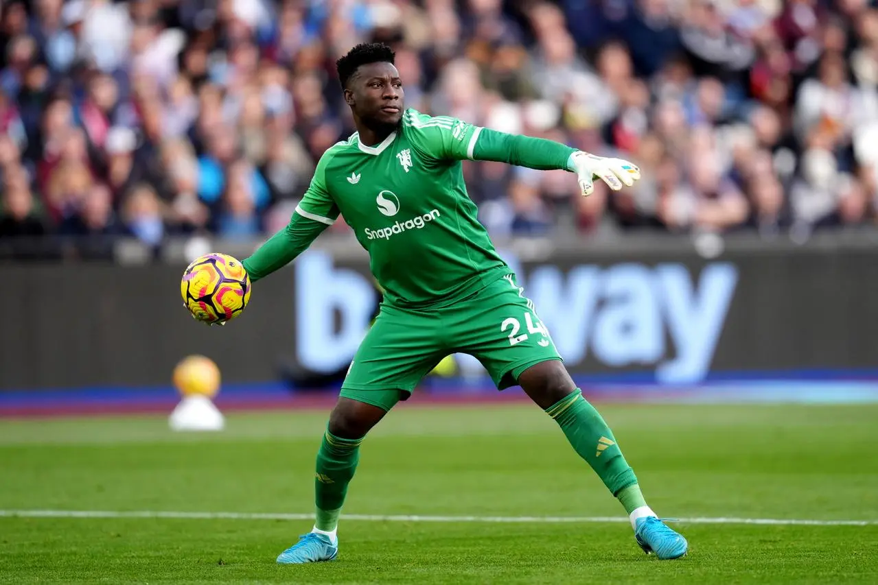 Manchester United goalkeeper Andre Onana pictured in action at West Ham