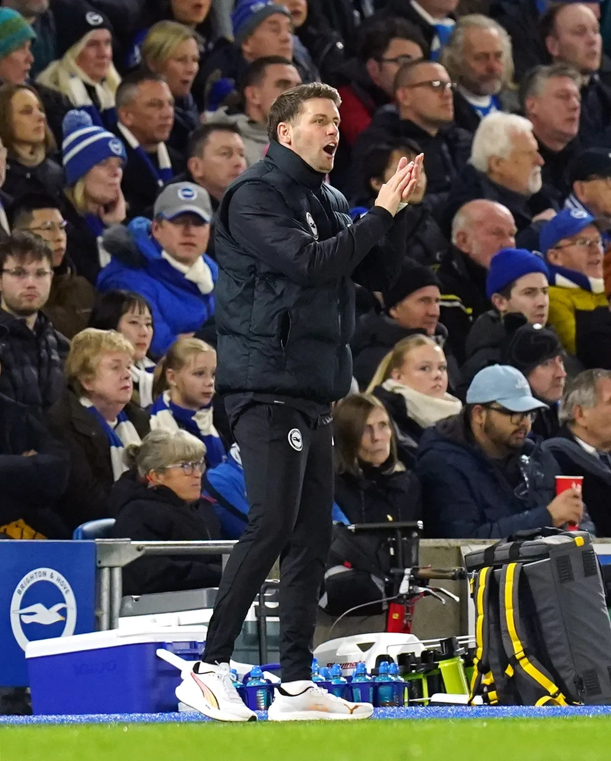 Brighton manager Fabian Hurzeler gestures on the touchline during the game against Southampton