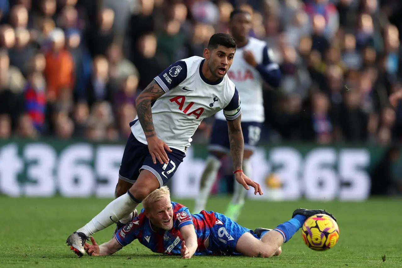 Tottenham Hotspur defender Cristian Romero in action against Crystal Palace