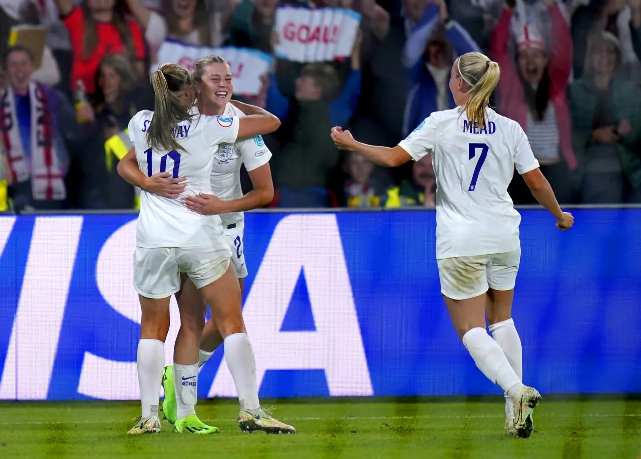 England’s Alessia Russo (second left) celebrates with her team-mates after scoring their side’s third goal in the Euro 2022 semi-final victory over Sweden