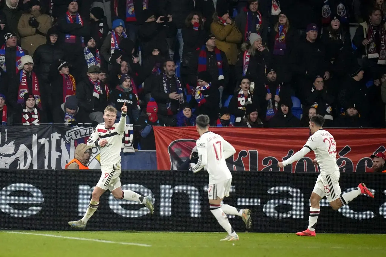 CzechManchester United’s Rasmus HojlundRepublic Soccer Europa League celebrates scoring