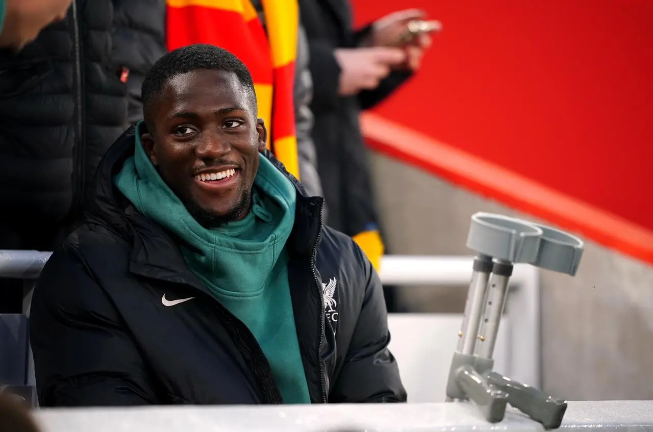 Liverpool’s Ibrahima Konate with crutches in the stands during the Premier League match against Manchester City