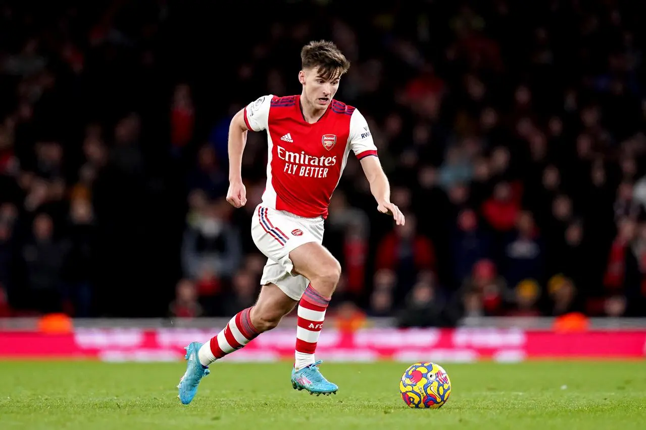 Kieran Tierney on the ball for Arsenal against Wolves in February 2022