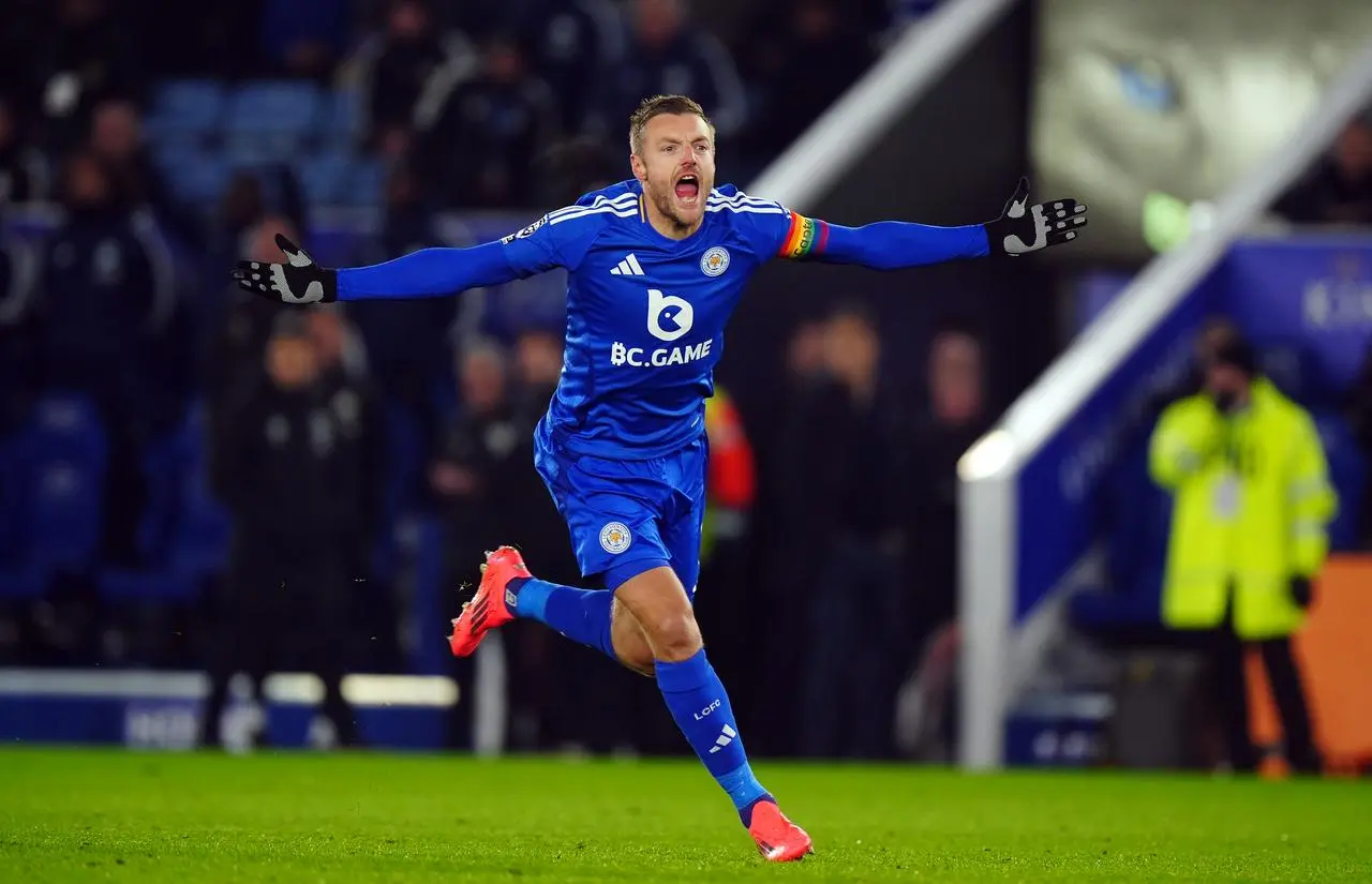 Leicester's Jamie Vardy celebrates his early goal against West Ham