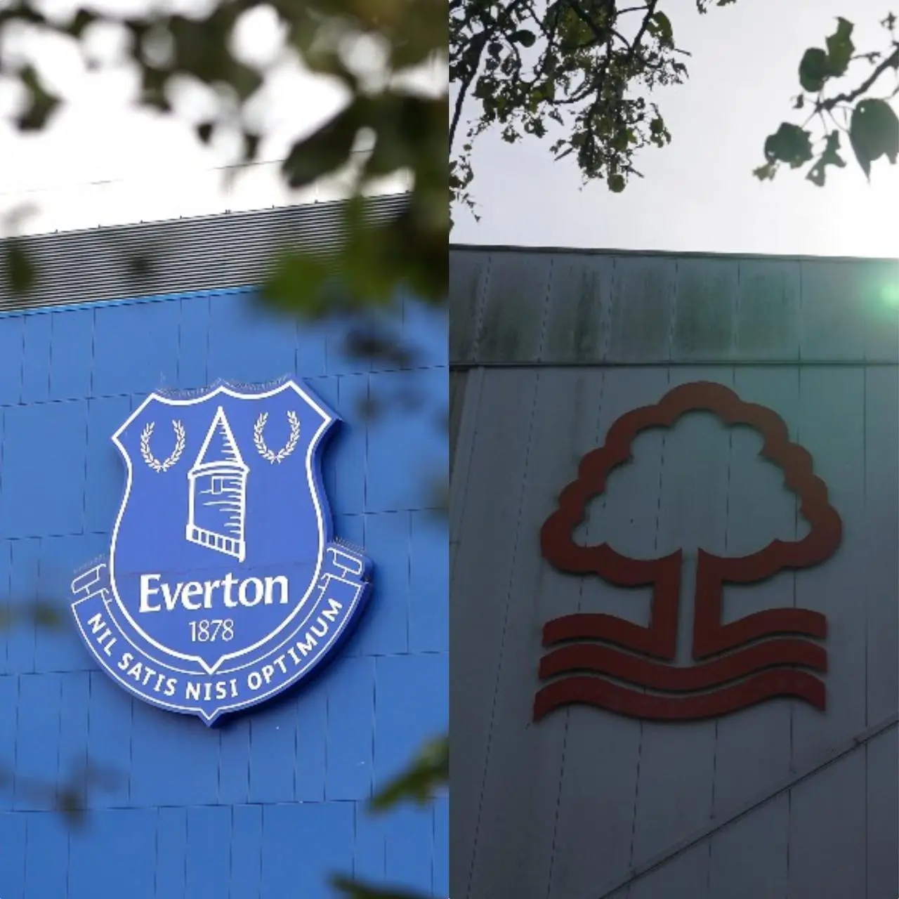 A composite image showing Everton and Nottingham Forest's club crests on the outside of their respective stadiums