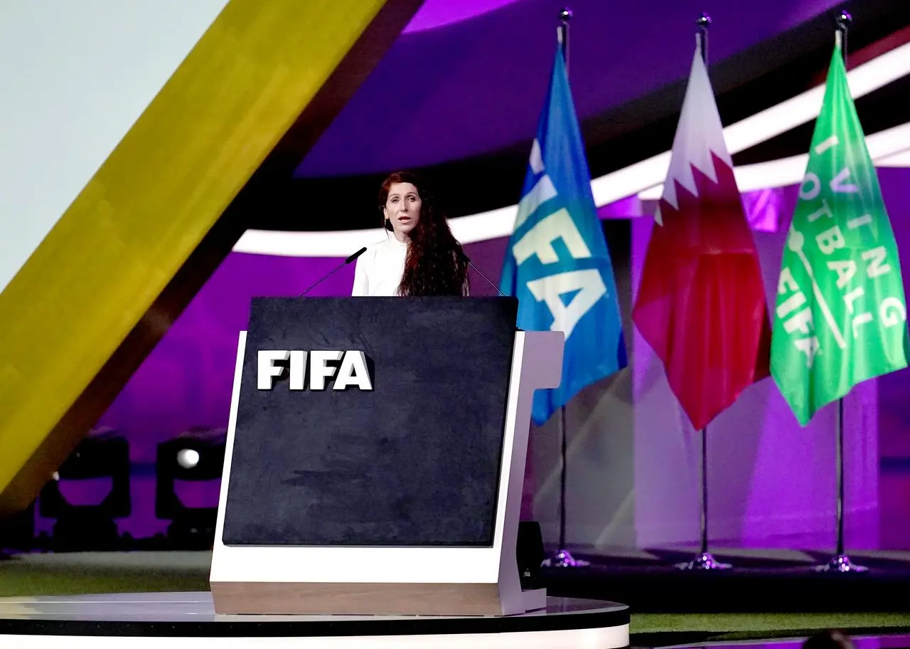 Norwegian FA president Lise Klaveness pictured giving a speech at the 2022 FIFA Congress in Doha