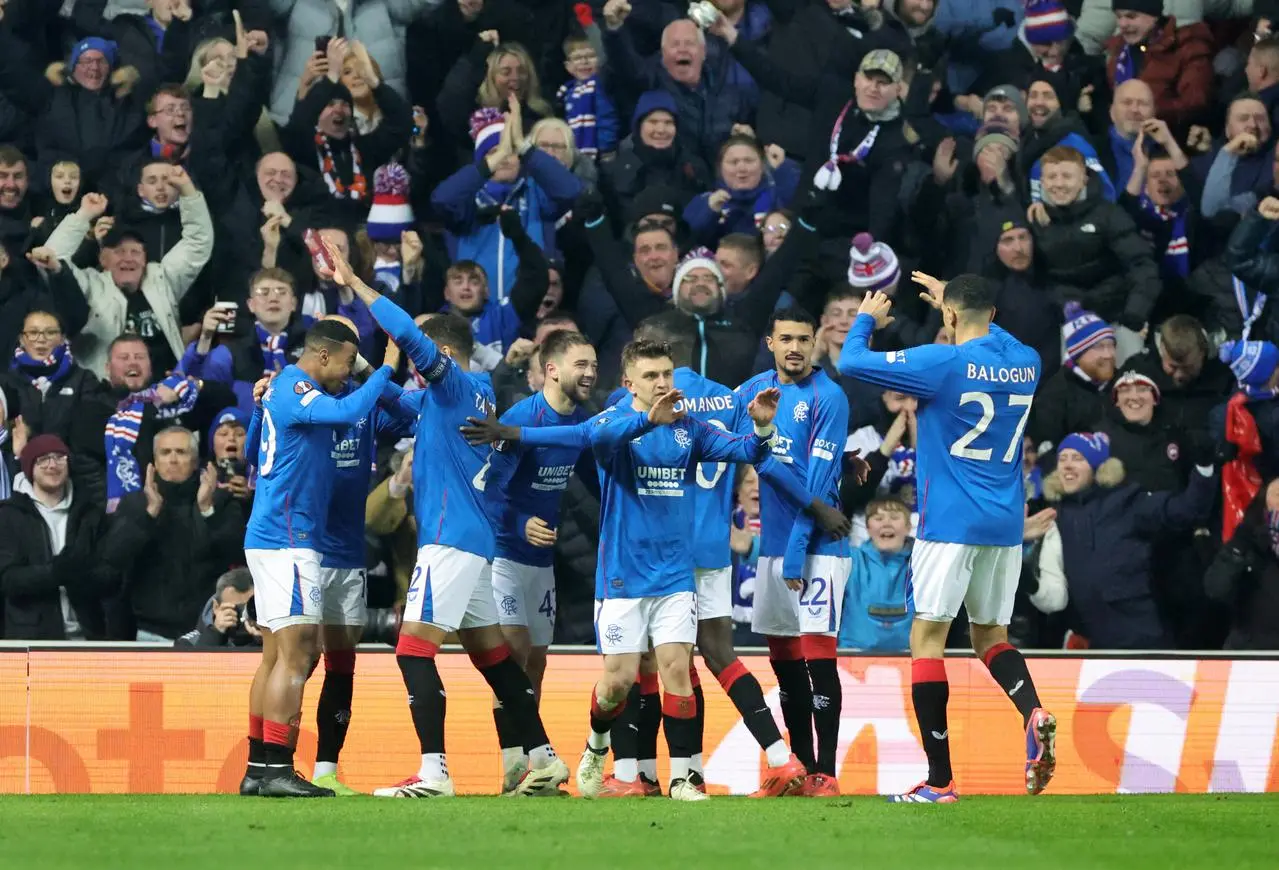 Rangers players celebrate Hamza Igamane's opener on Thursday night