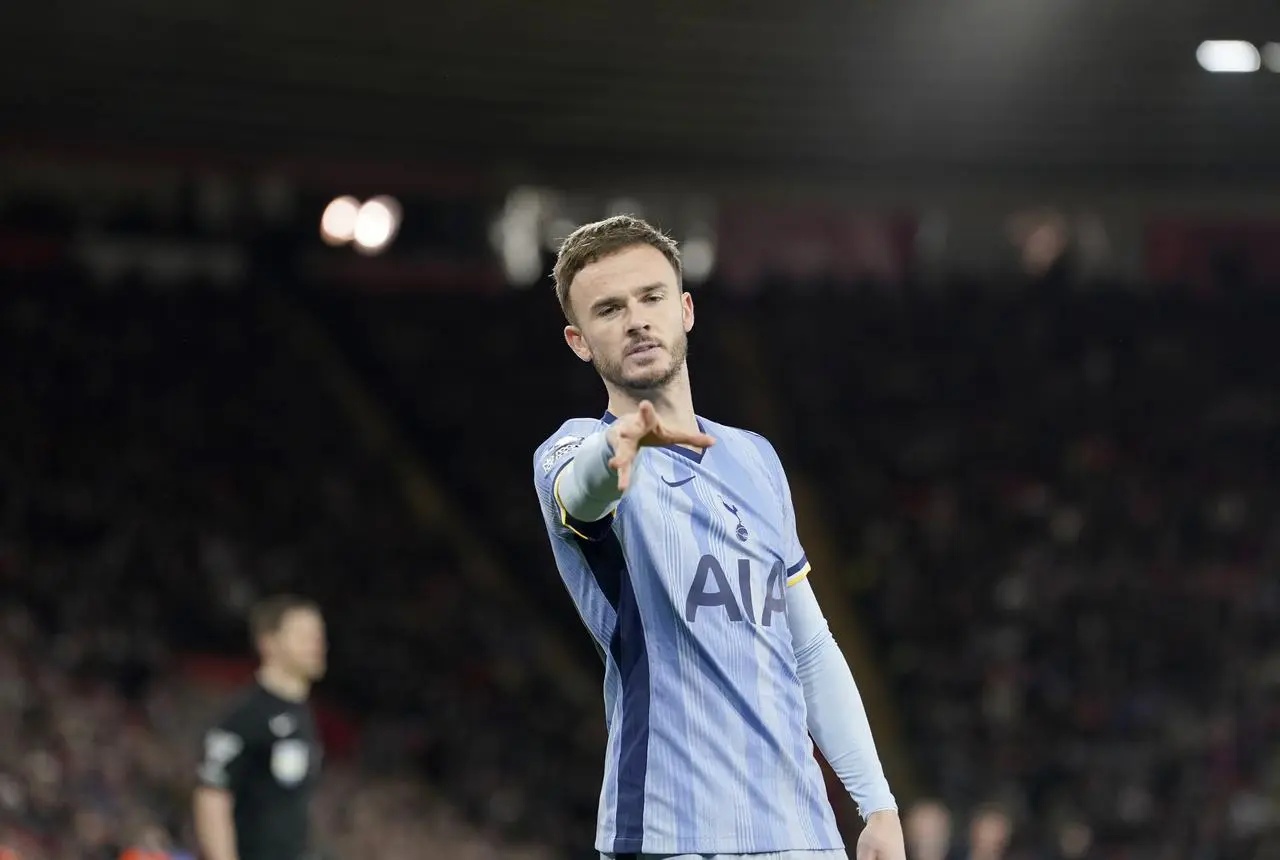 Tottenham’s James Maddison celebrates scoring their first goal