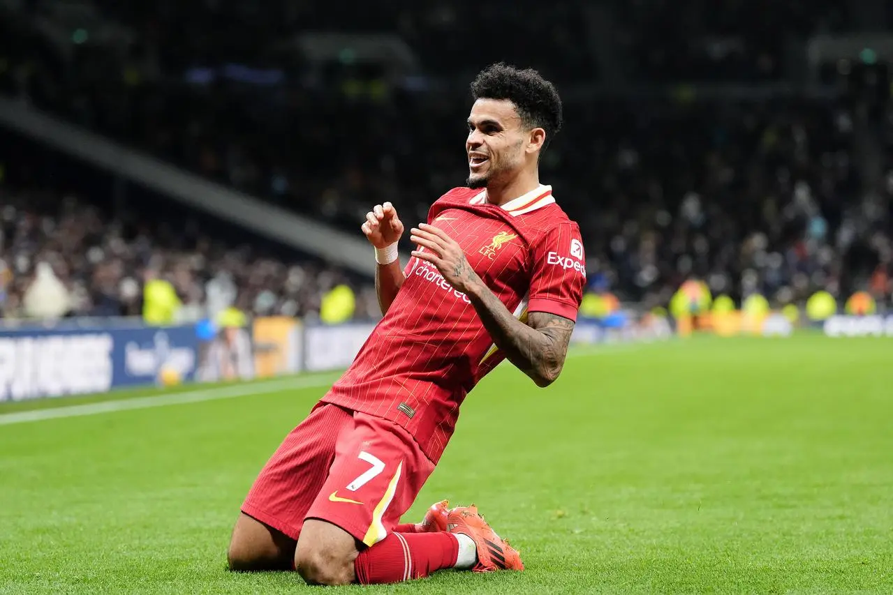 Luis Diaz celebrates scoring Liverpool's sixth goal