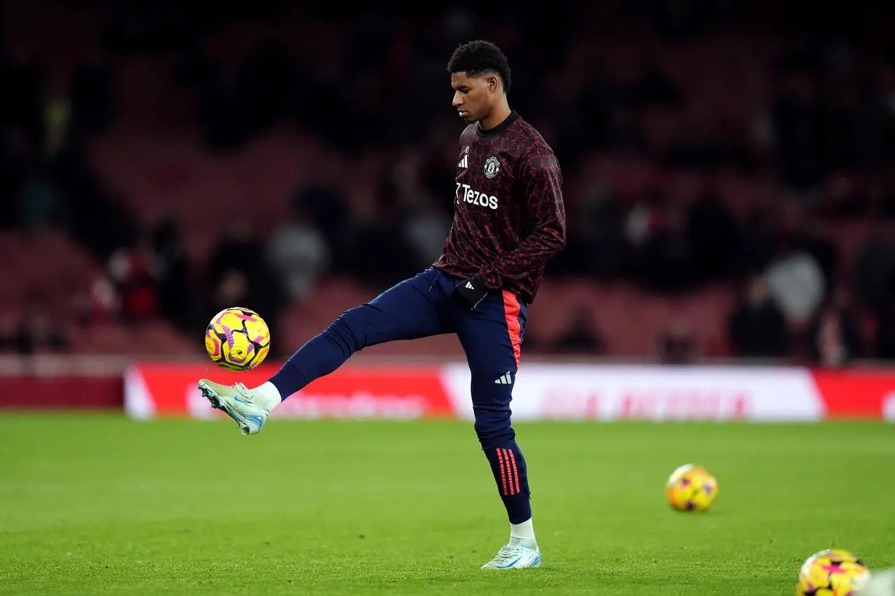 Manchester United’s Marcus Rashford warms up before a game