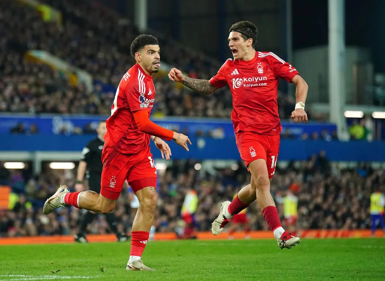 Morgan Gibbs-White celebrates scoring Forest's second goal