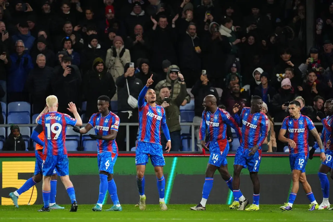 Crystal Palace’s Maxence Lacroix (centre) celebrates scoring their side’s second goal of the game during the Premier League match at Selhurst Park, London. 