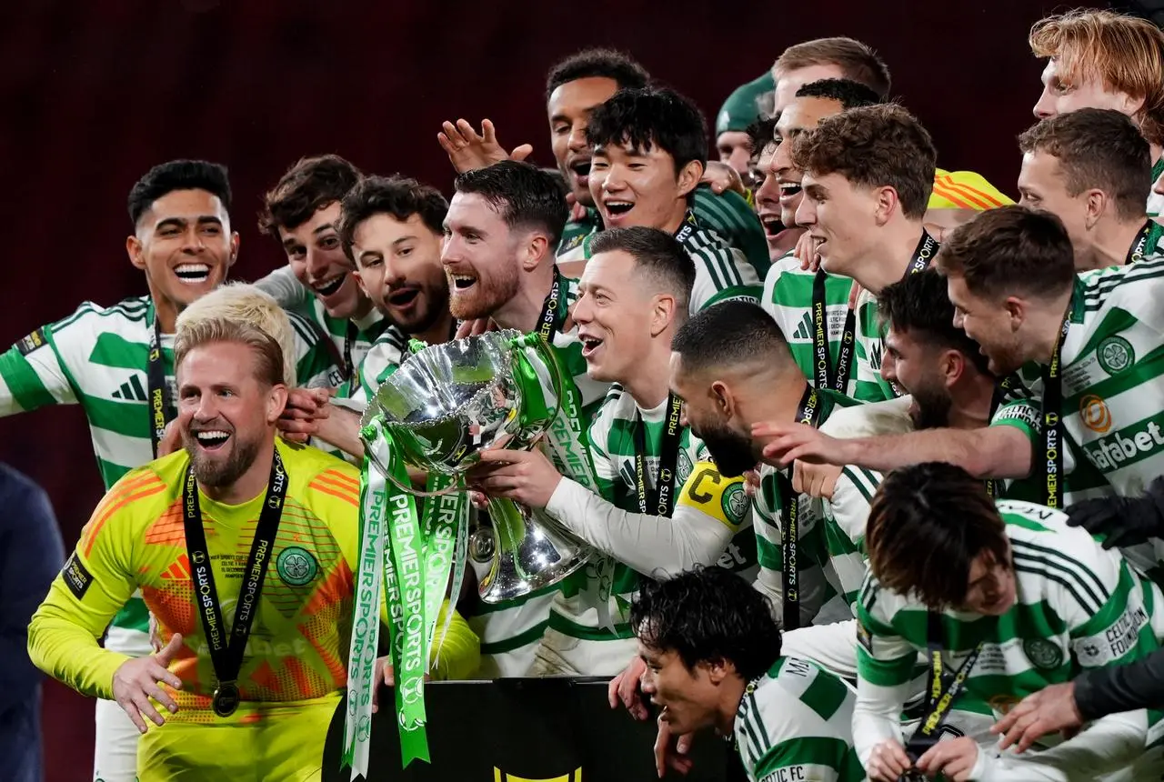 Celtic players celebrate winning the Premier Sports Cup Final