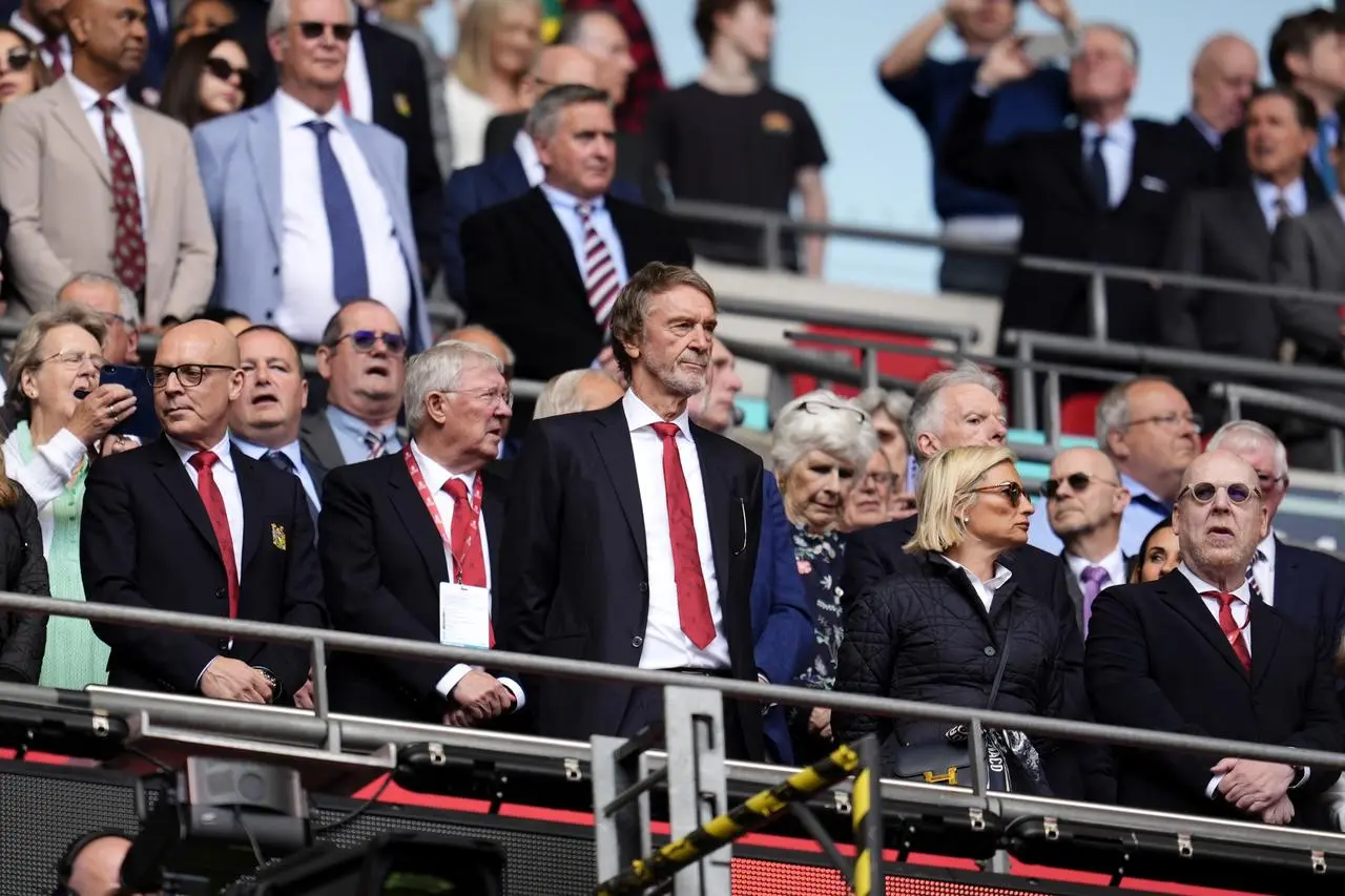 Sir Dave Brailsford, Sir Alex Ferguson, Sir Jim Ratcliffe and Avram Glazer during the FA Cup final earlier this year