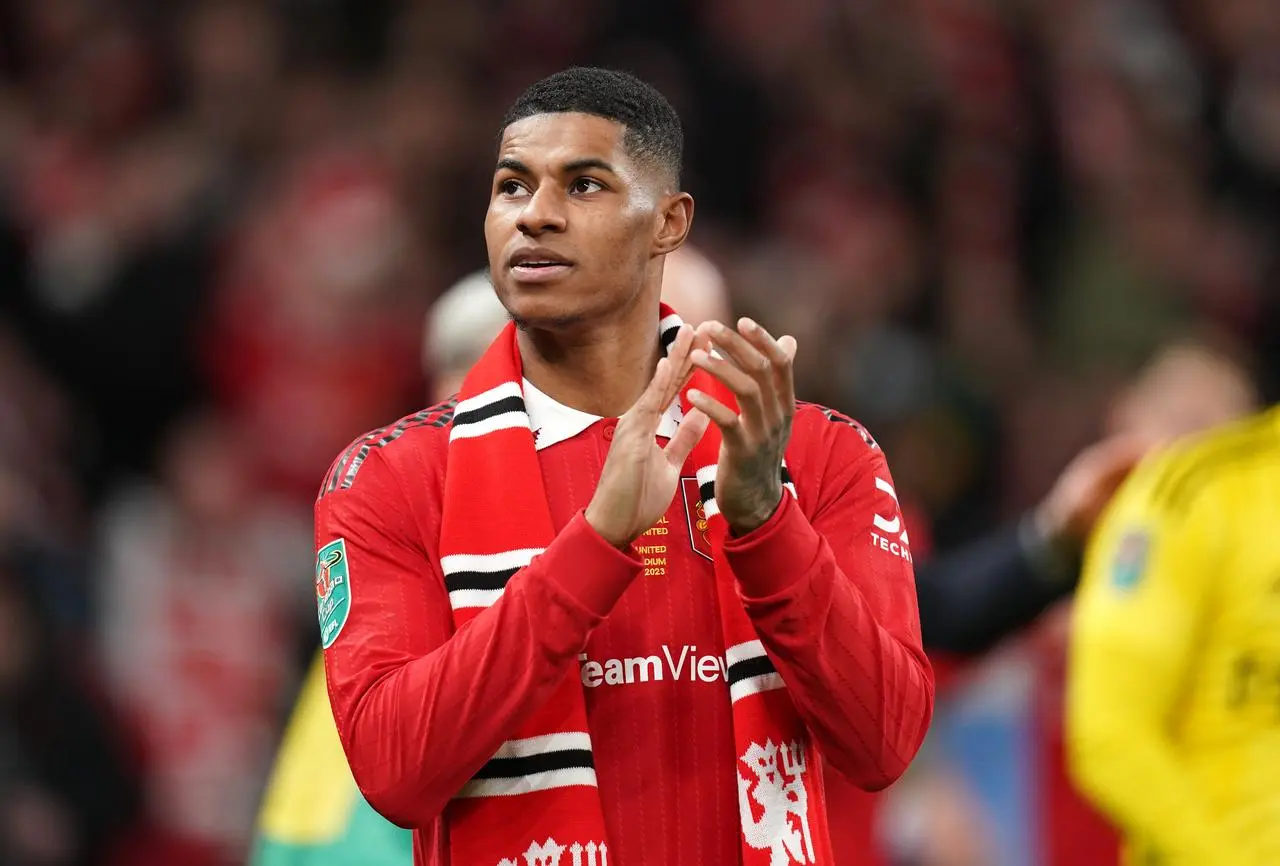 Manchester United’s Marcus Rashford celebrates after the 2023 Carabao Cup final 