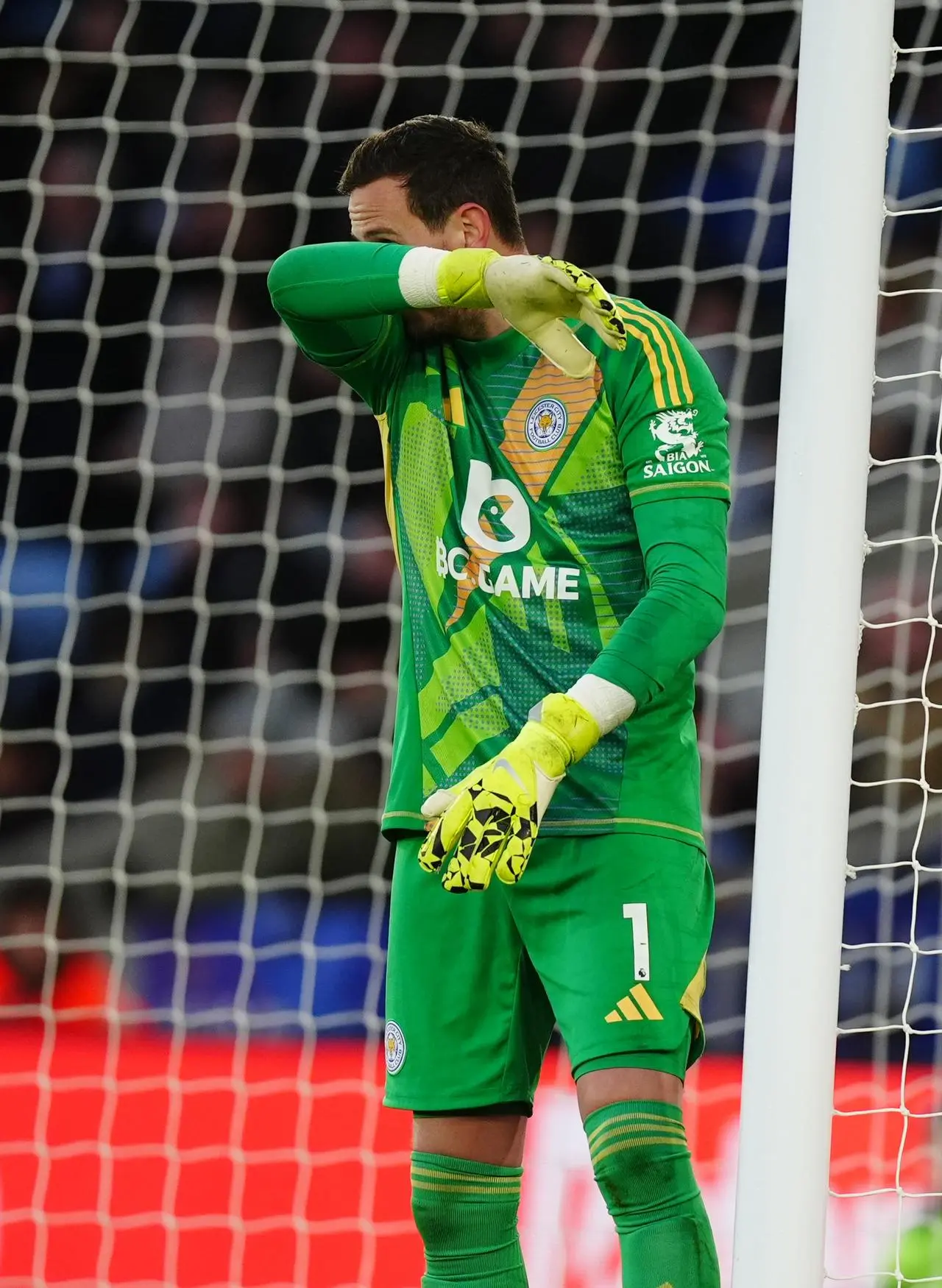 Danny Ward covers his face in frustration during Leicester's defeat to Wolves