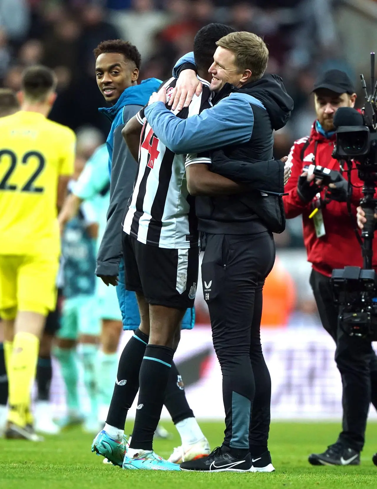 Newcastle striker Alexander Isak (left) celebrates with head coach Eddie Howe following a Premier League victory over Fulham