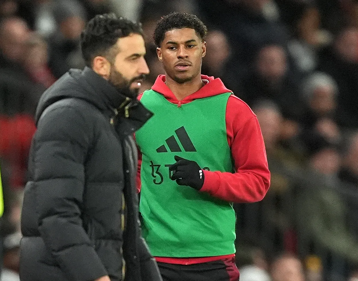 Manchester United’s Marcus Rashford warms up on the sidelines during the Premier League match against Newcastle at Old Trafford