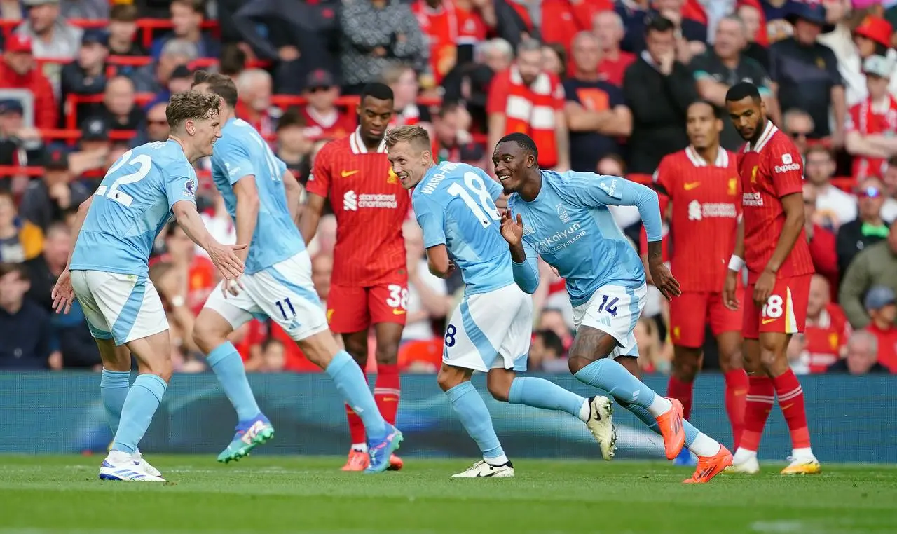 Nottingham Forest’s Callum Hudson-Odoi celebrates at Anfield with his team-mates