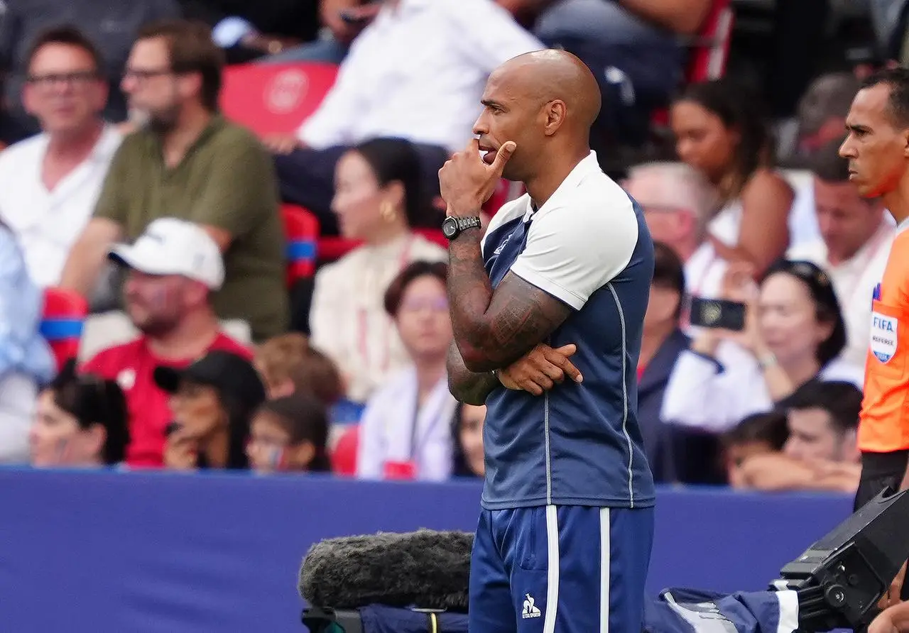 Thierry Henry looks on from the sidelines during his spell as France's Olympic football coach in 2024.