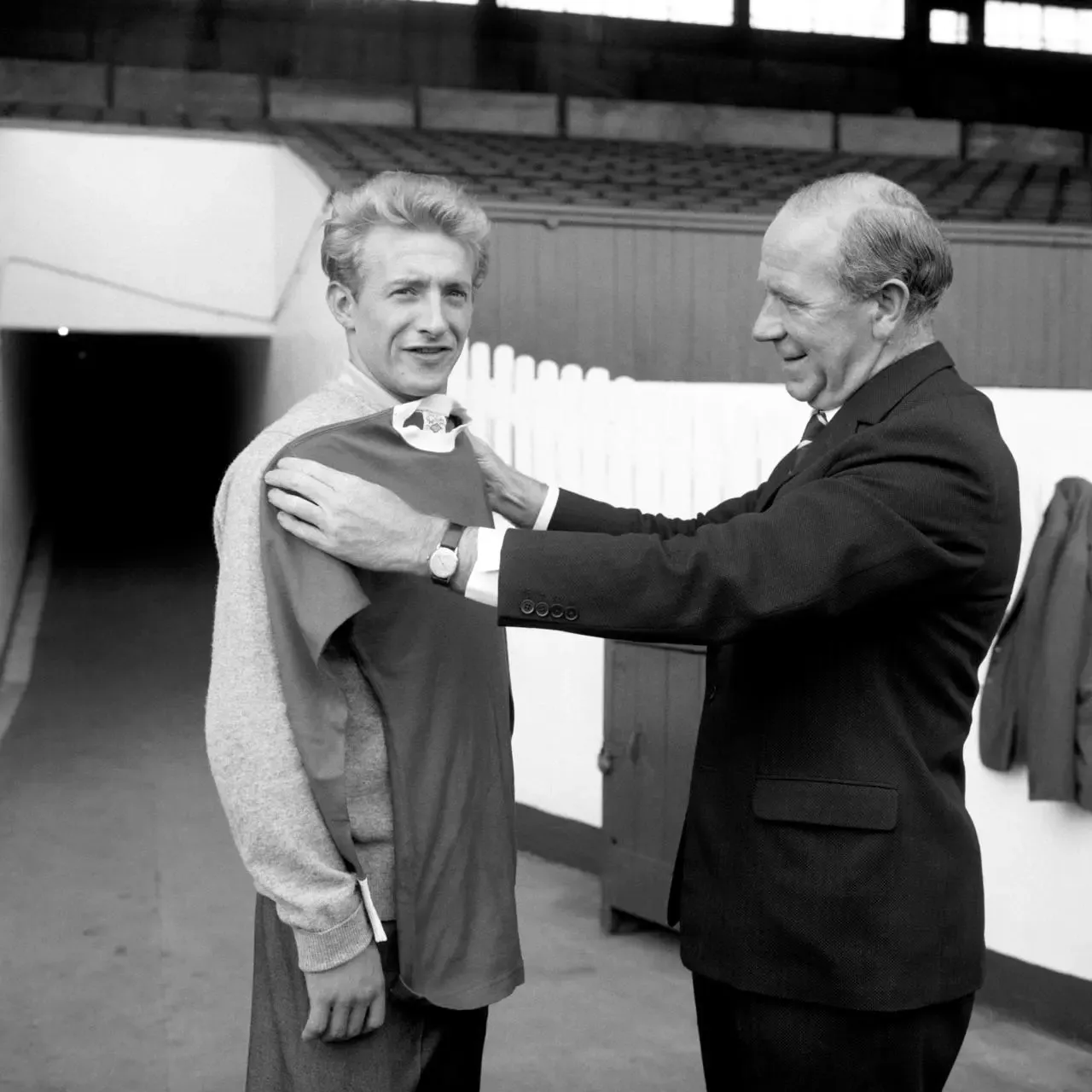 Denis Law with Manchester United manager Matt Busby after joining the club from Torino