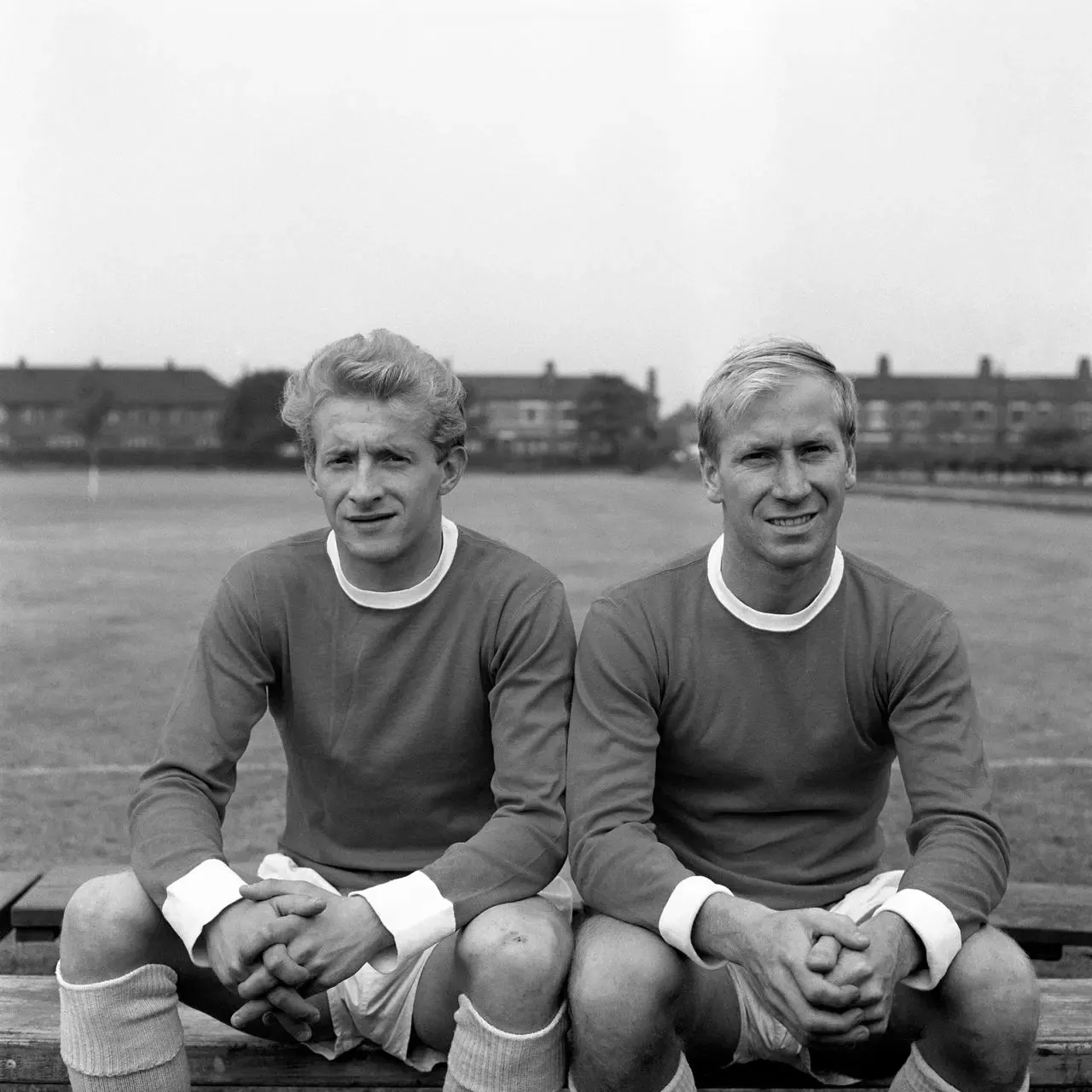 Denis Law (left) and Bobby Charlton pose at Manchester United