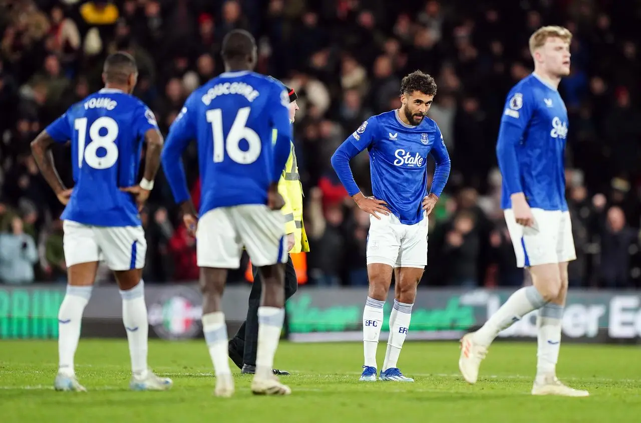 Everton’s Dominic Calvert-Lewin, centre right, reacts after defeat at Bournemouth