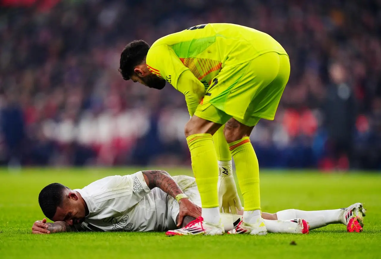 Arsenal’s Gabriel Jesus lies on the floor injured 