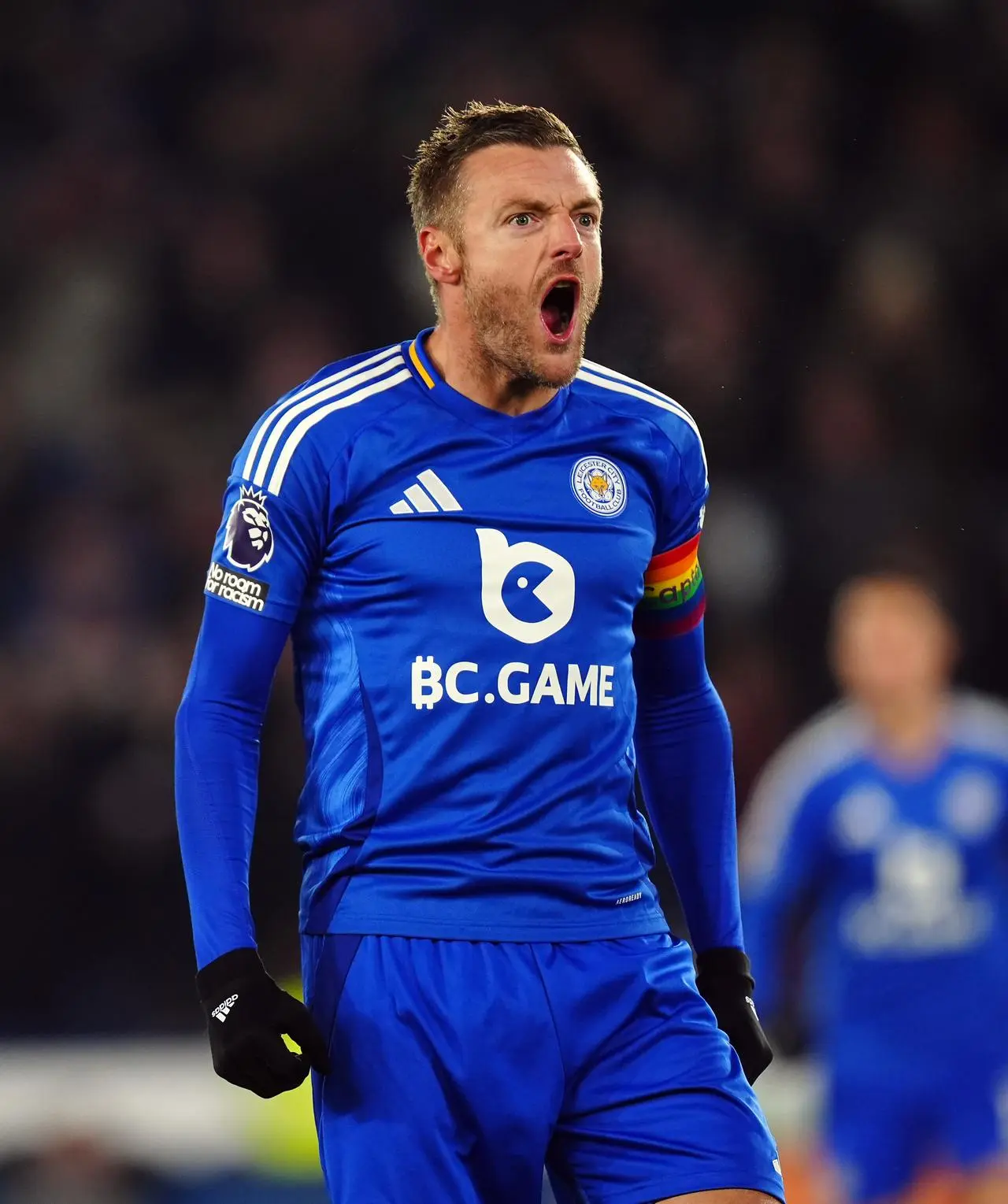 Leicester’s Jamie Vardy celebrates after scoring against West Ham