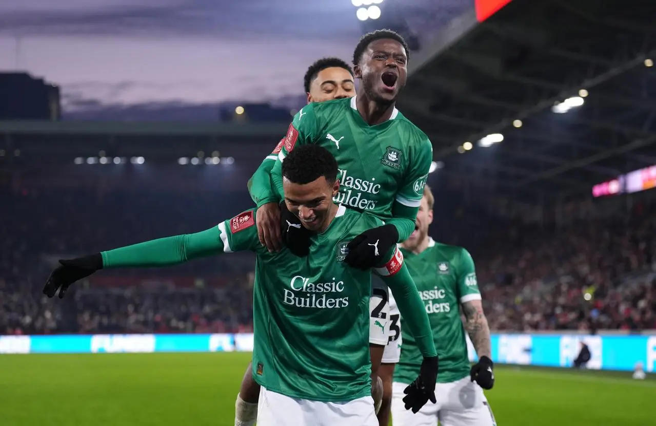 Plymouth Argyle’s Morgan Whittaker (left) celebrates with team-mate Bali Mumba