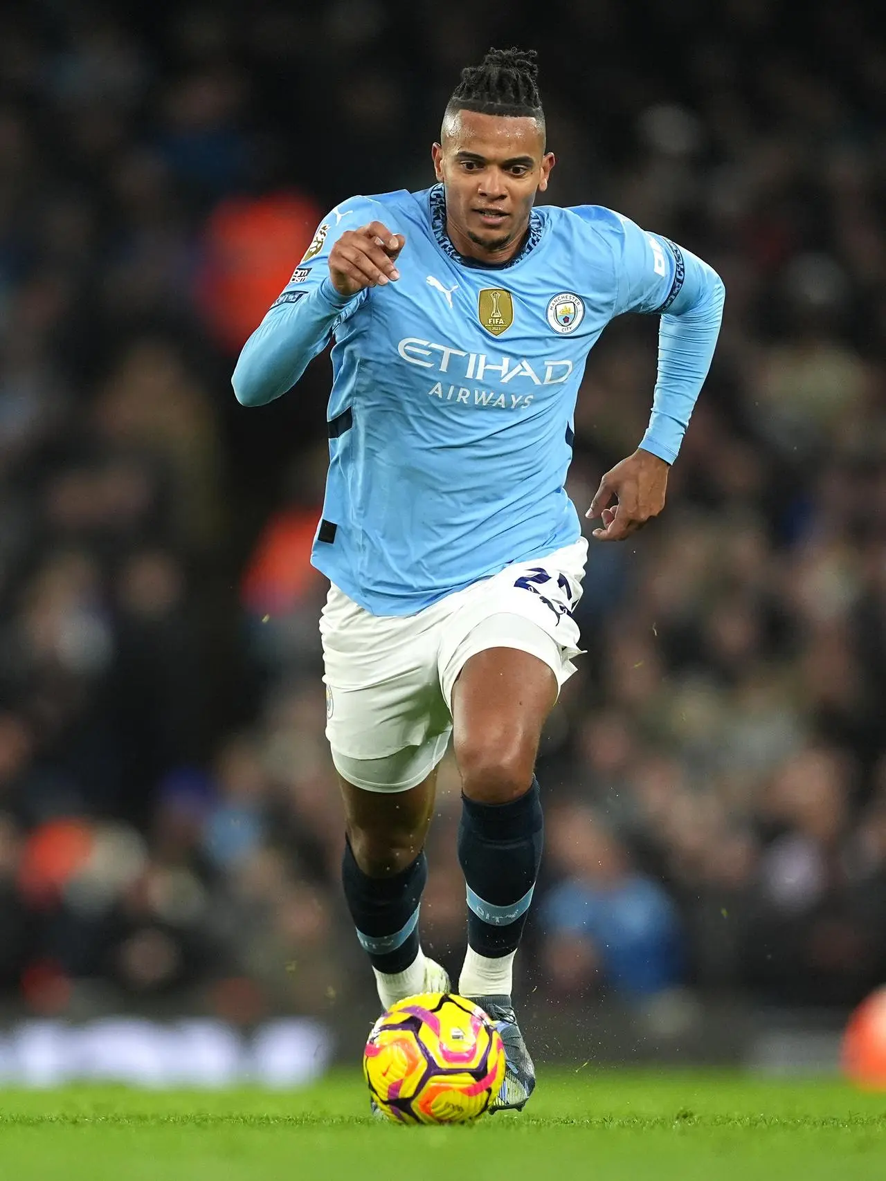 Manchester City defender Manuel Akanji on the ball during the game against Chelsea