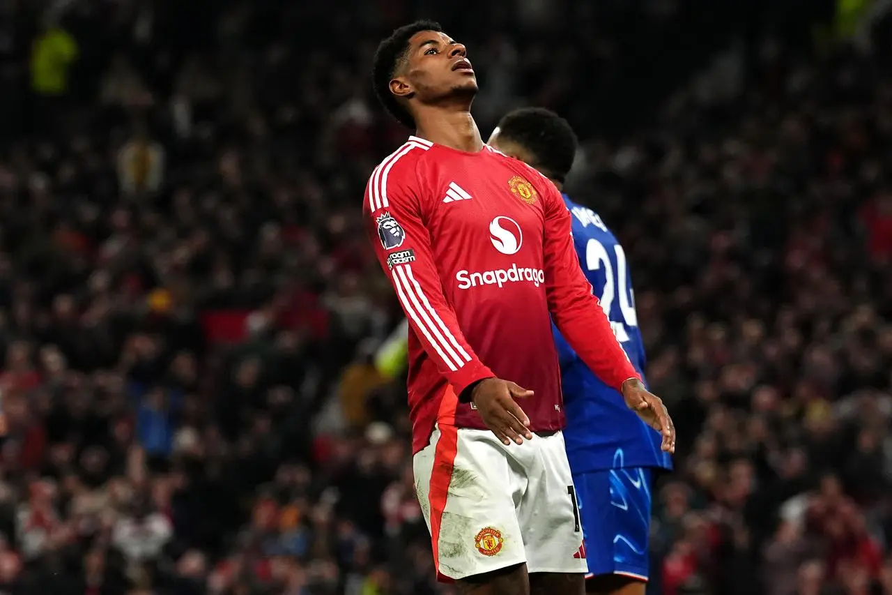 Manchester United’s Marcus Rashford rues a missed chance during a game against Chelsea