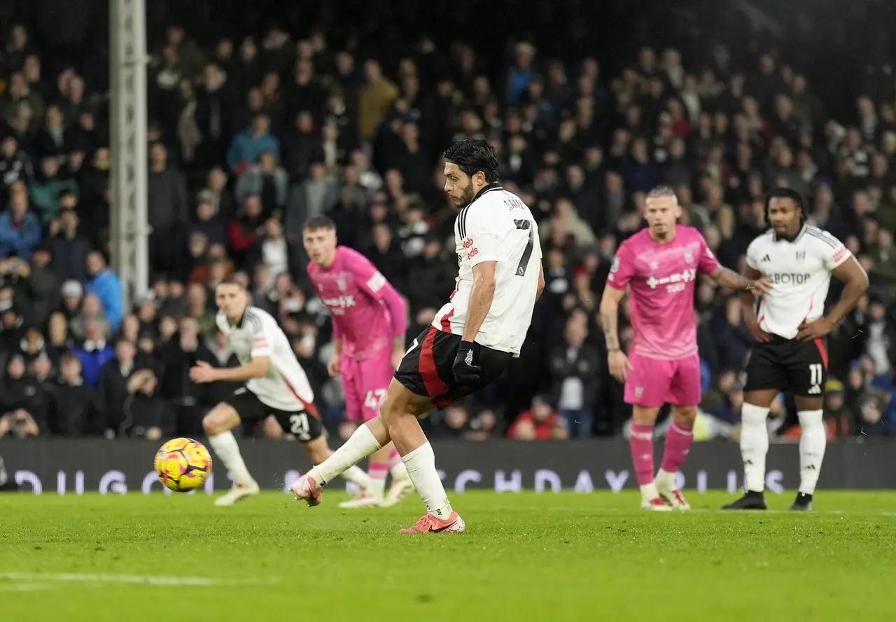 Fulham’s Raul Jimenez scores his sides second goal from the penalty spot during the Premier League match against Ipswich at Craven Cottage