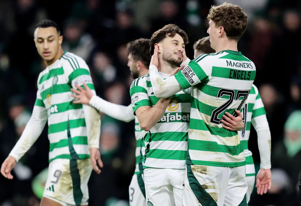 Celtic’s Nicolas Kuhn (centre celebrates with Arne Engels after scoring