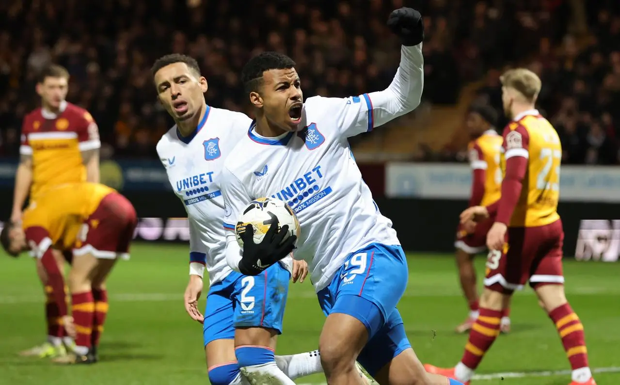 Rangers' Hamza Igamane, centre, celebrates his first goal at Motherwell